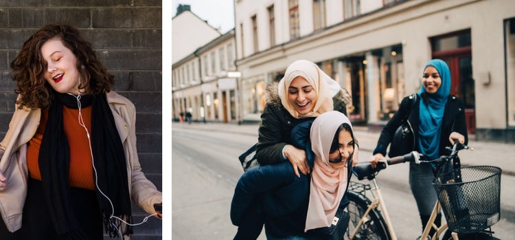 Left: portrait of pale woman in red lipstick, scarf, red top by grey brick wall. Right: three girls in headscarves laughing, riding two bikes down a suburb street.