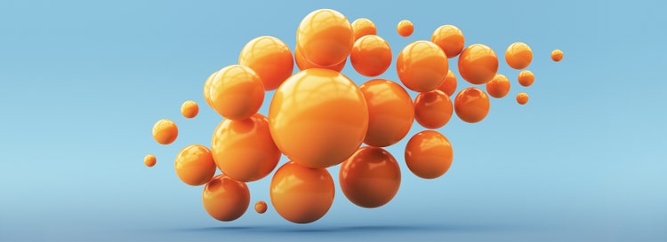 3d render illustration of floating orange liquid globules over blue background.