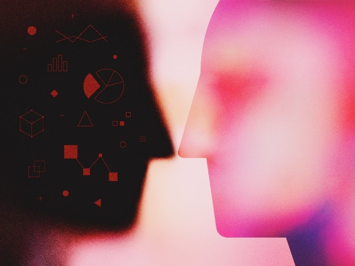 Abstract digital techonology art style. Modern textured illustration of two heads in profile in opposite colors, facing each other.