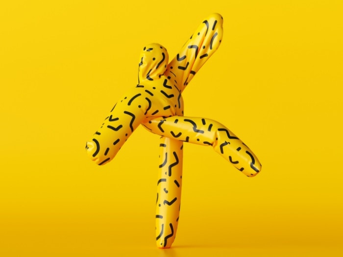 3D render of funny inflatable dancer man balancing. Cartoon character isolated on yellow background.
