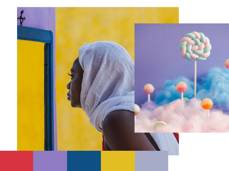 Composition. Left: woman in head covering poses in studio against yellow with purple elements. Right: candy concept rendering, dreamy pop theme. Bottom: color palette tiles (red, lavender, indigo, yellow, heather grey).