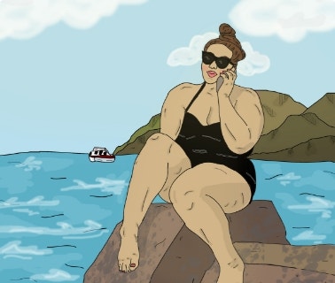 Illustration, hand drawn style. Woman in swimsuit, sunglasses sits on rock by beach, on the phone.