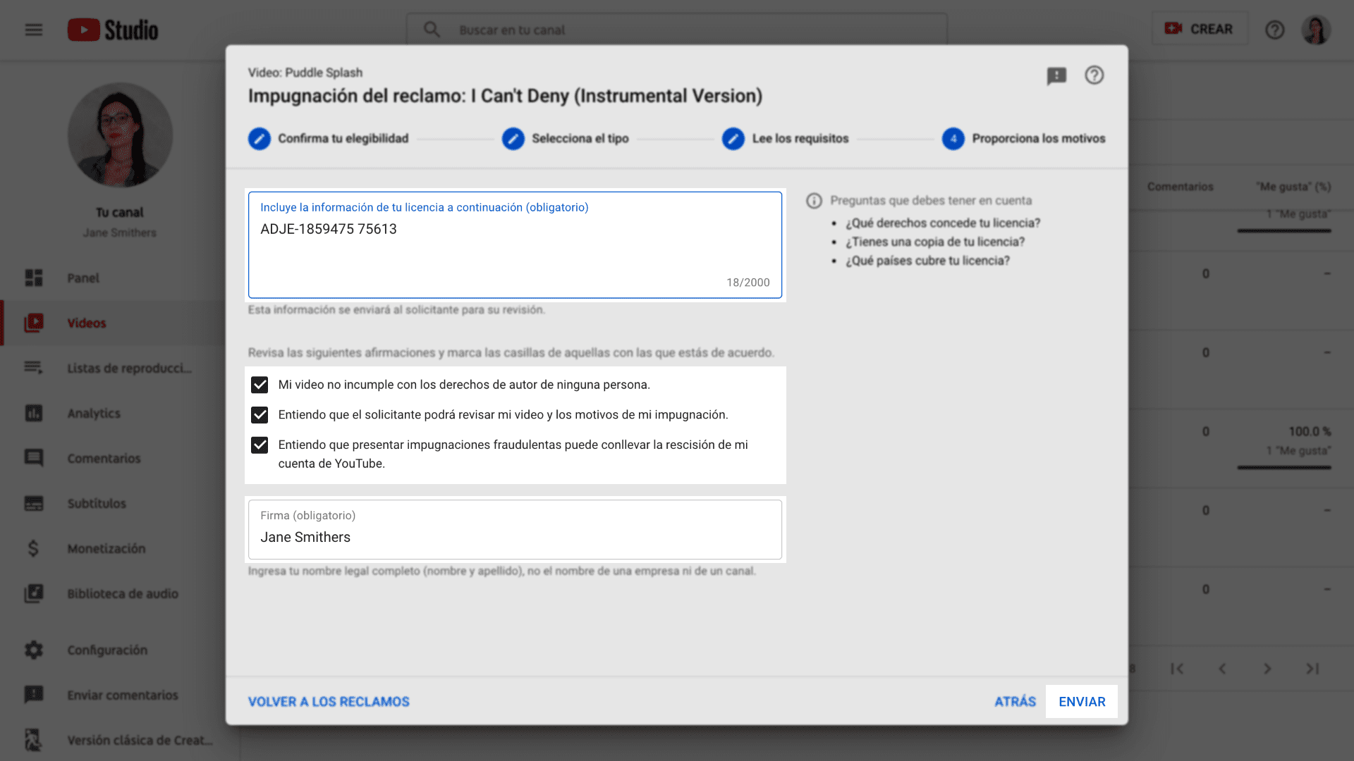 Imagen de las condiciones de notificación de copyright para la notificación de disputas en Youtube.com