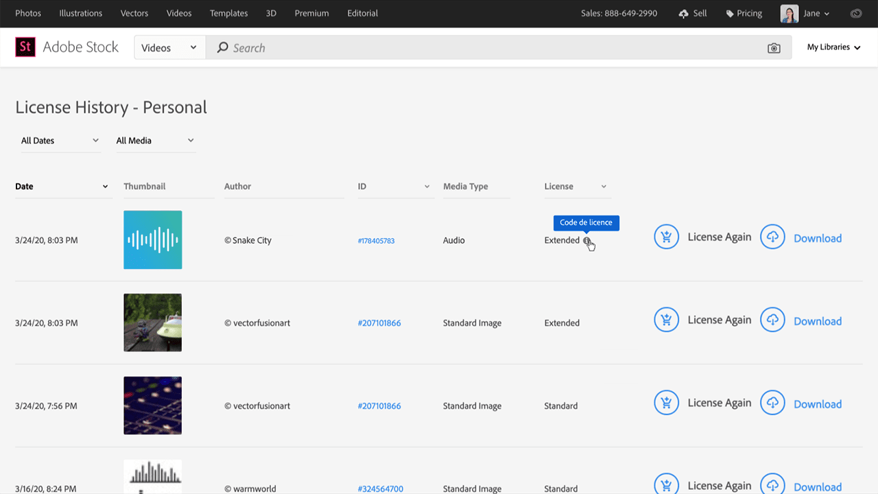 Image de survol d’un fichier audio pour voir l’info-bulle du code de licence sur la page Historique des licences sur Adobe Stock