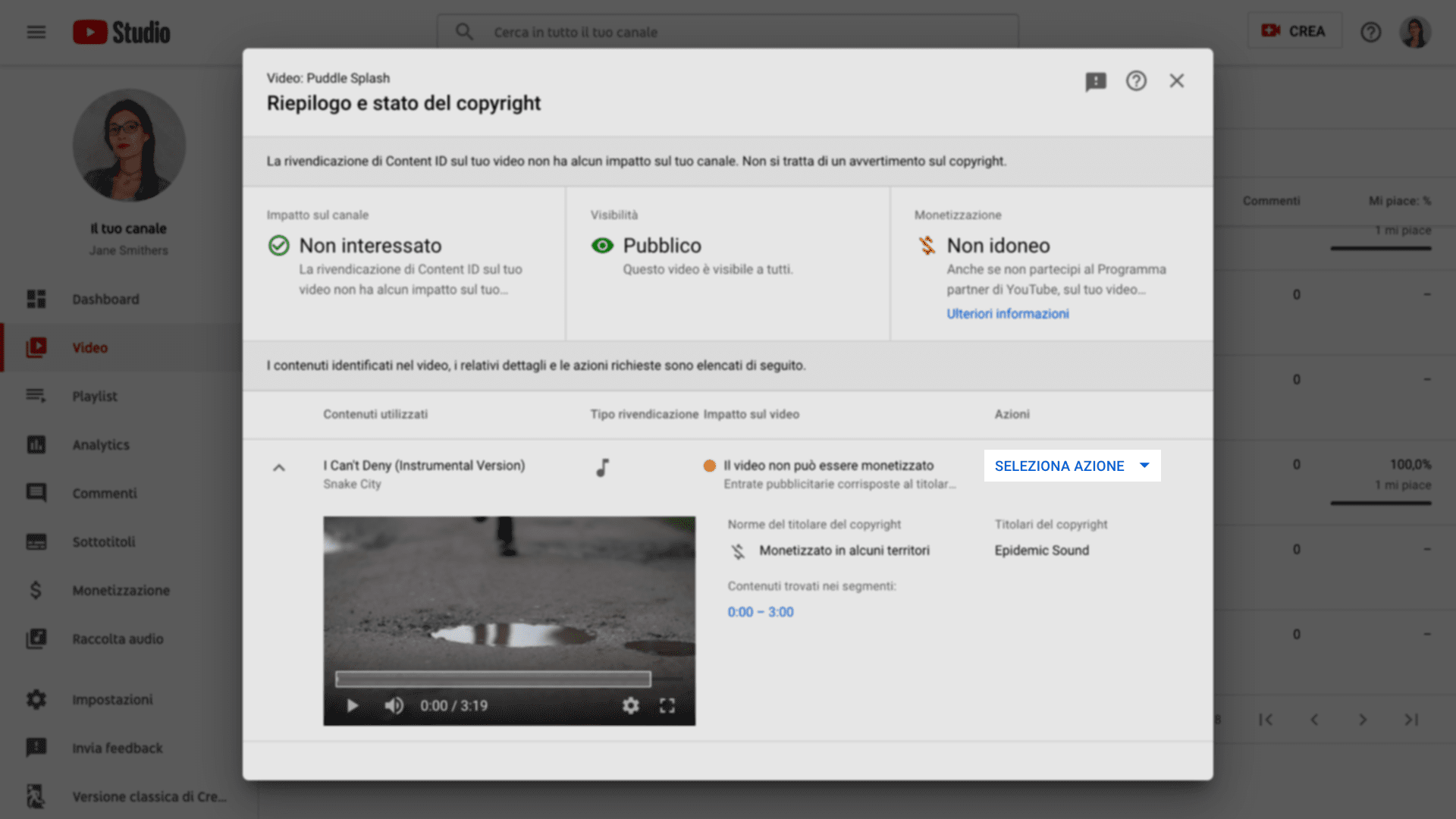 Immagine della pagina di riepilogo e stato del copyright su Youtube.com